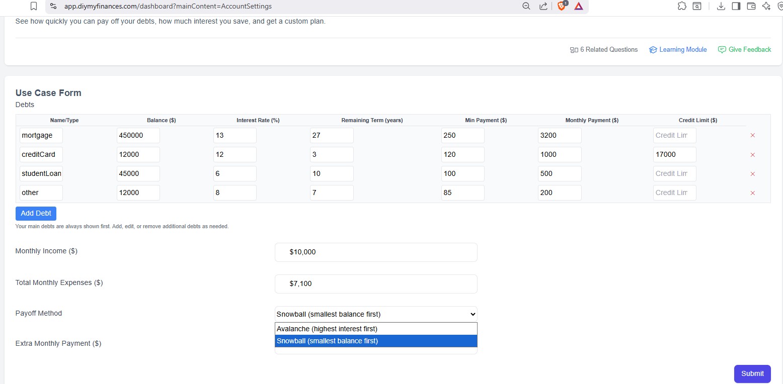 Debt snowball dashboard